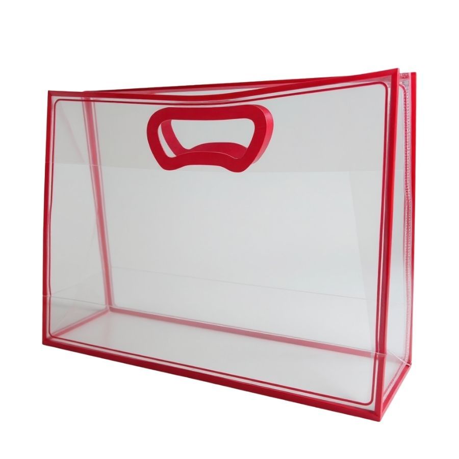 Sacola Transparente Fosca Horizontal Pvc Alça Plana Vermelha - 22x30x9cm - 1 unidade - 1 unidade - Cromus - Rizzo em Oferta na Shopee