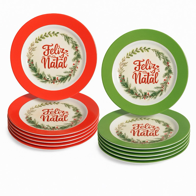 Kit 4/8 Pratos NATALINO Redondos Natal 25cm Melamina Verde Vermelho Jantar Ceia Festas