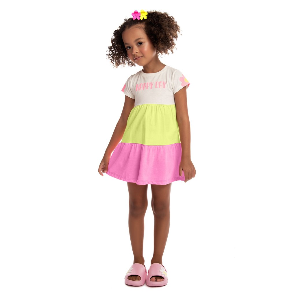 Vestido Infantil Recortes Manga Curta Estampada Flor Meia Malha Colorido Branco Off Amarelo Rosa Verde neon