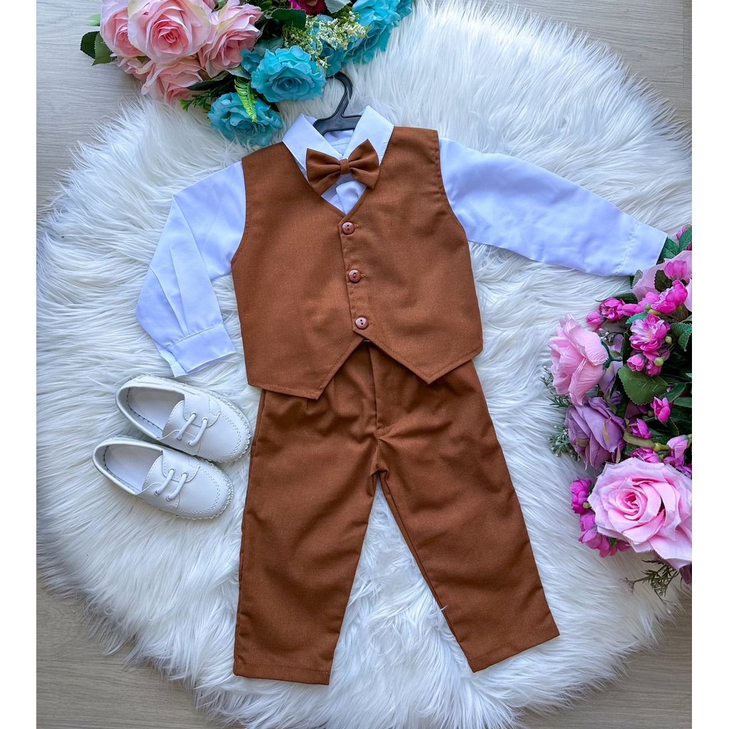 Conjunto Colete Infantil Caramelo Batizado Camisa Social Manga Longa Calça Gravata Menino