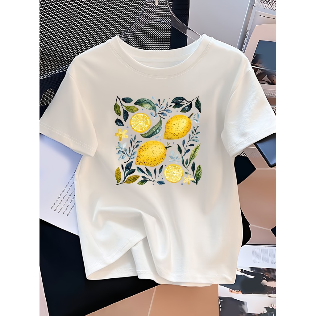 Camiseta Feminina Limão Folhas Verde Estampada Branca Confortável Versátil Divertida Moda Casual