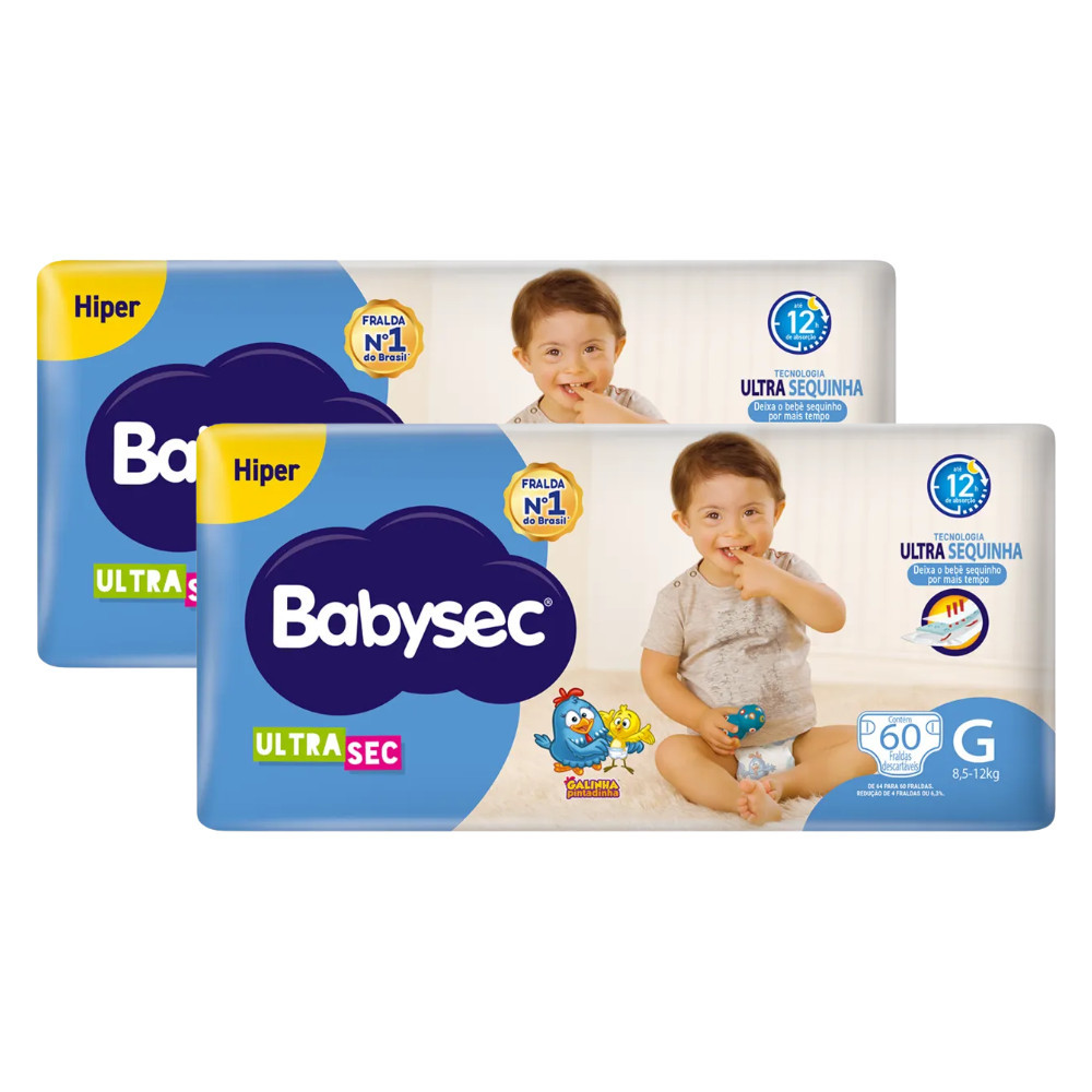 Kit 2x Fralda BabySec Ultrasec Hiper G 60un Galinha Pintadinha – 120un Econômicas