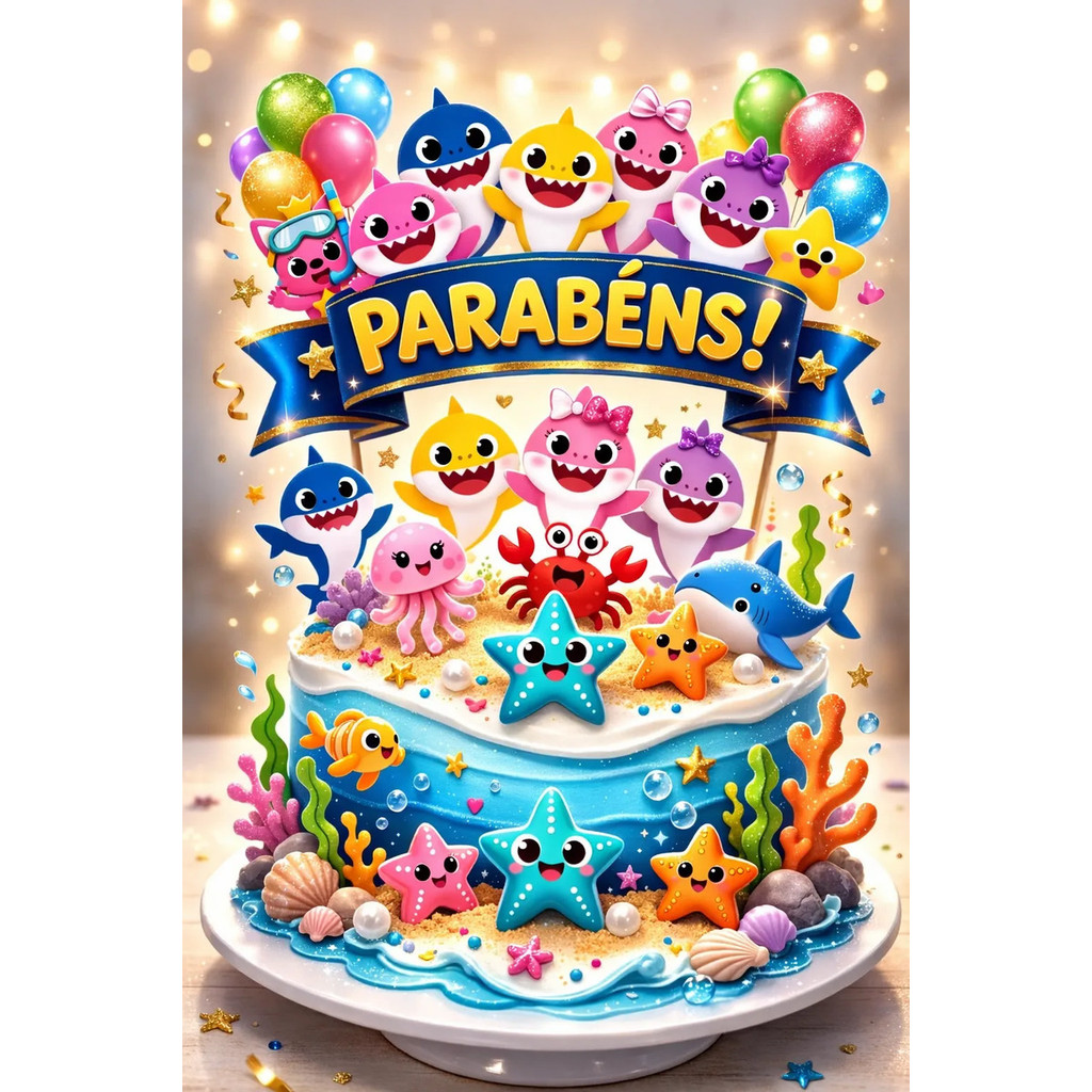 Topo De Bolo Topper Baby Shark Aniversário Mêsversario