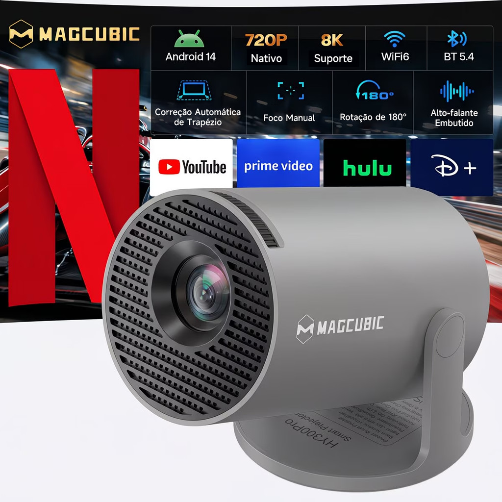 MAGCUBIC Projetor HY300 Pro 290ANSI 4K  MIni Size WIFI6 BT5.4 Rotação De 180° Home Cinema