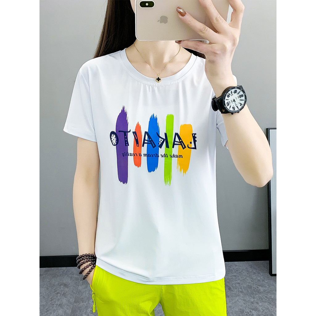 Ao ar livre gelo-pense elástico roupas de secagem rápida feminina camiseta de manga curta esportes lazer leve respirável