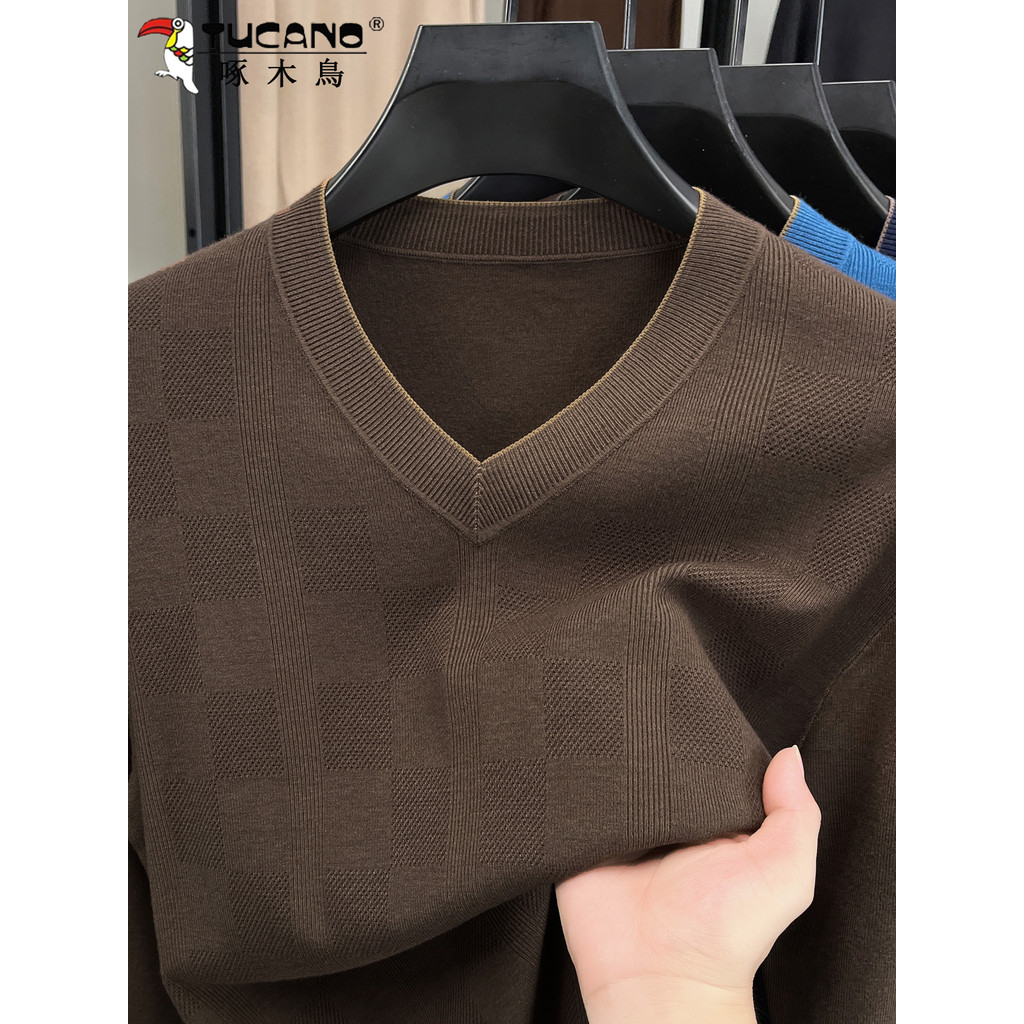 Suéter pica-pau masculino com decote em V Jacquard suéter de malha masculino camisa de fundo quente pai Casual pêssego