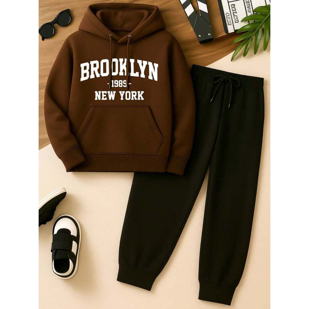 Conjunto Moletom Infantil Brooklyn Blusa de Frio Canguru + Calça Blusao Premium Com Capuz e Cordão Ajustavel 2 até 16