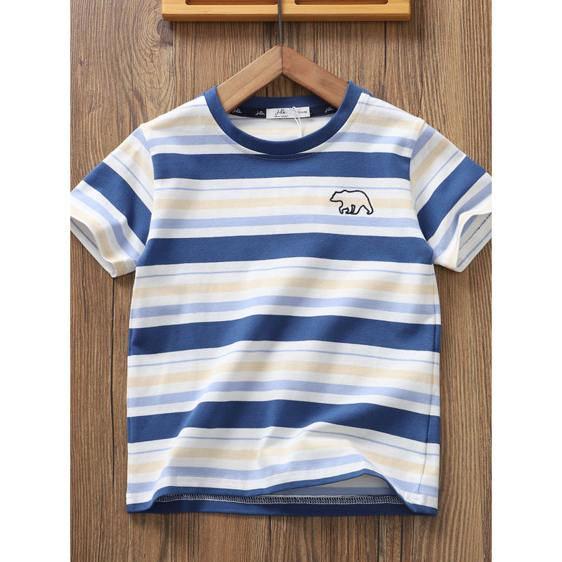 Verão refrescante listrado algodão pele-amigável crianças camiseta de manga curta bebê meninos grandes crianças macio me
