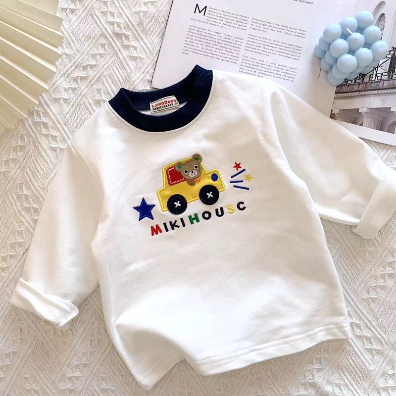 Meninos outono novo estilo de manga comprida camiseta japonês crianças bebê em torno do pescoço puro algodão bonito carr