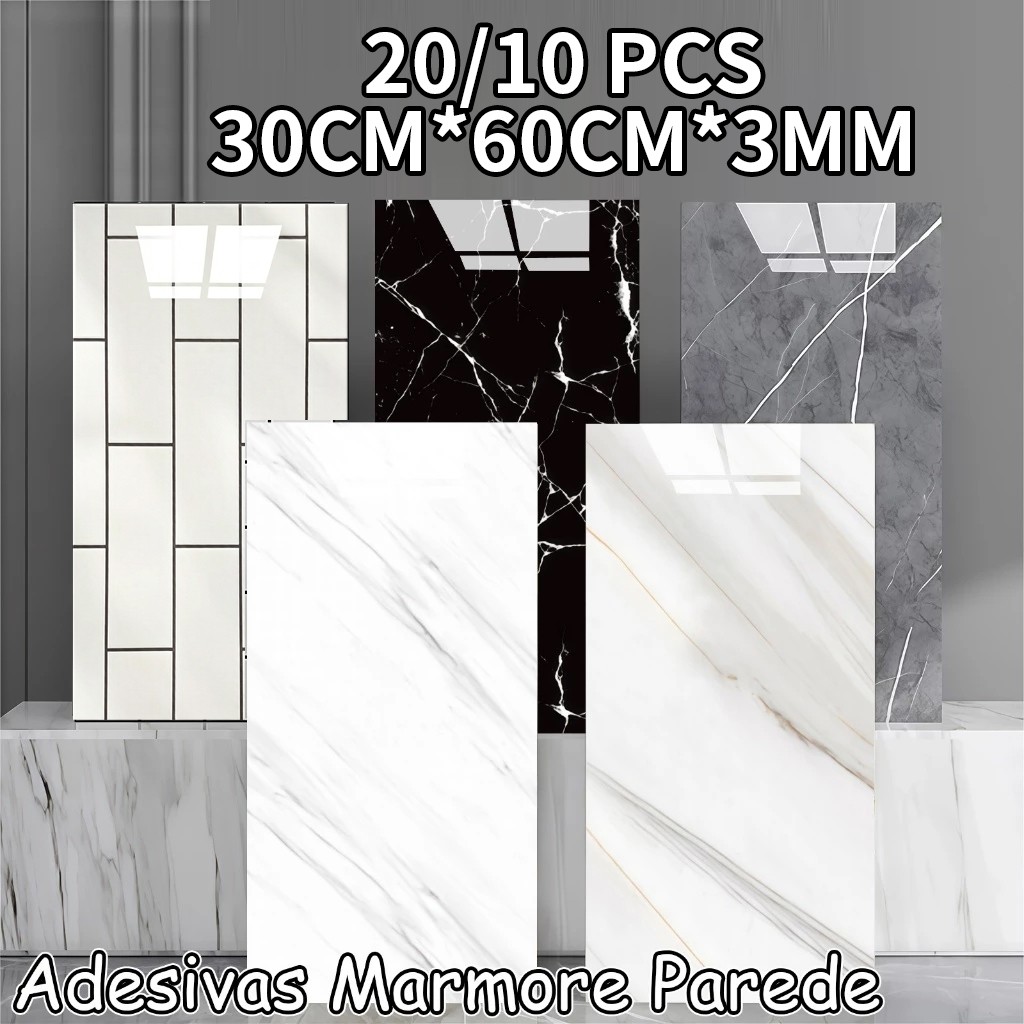 Placa Adesiva Vinílica Mármore 60x30cm | Kit 10/20 Peças, Revestimento Resistente para Sala, Quarto e Cozinha