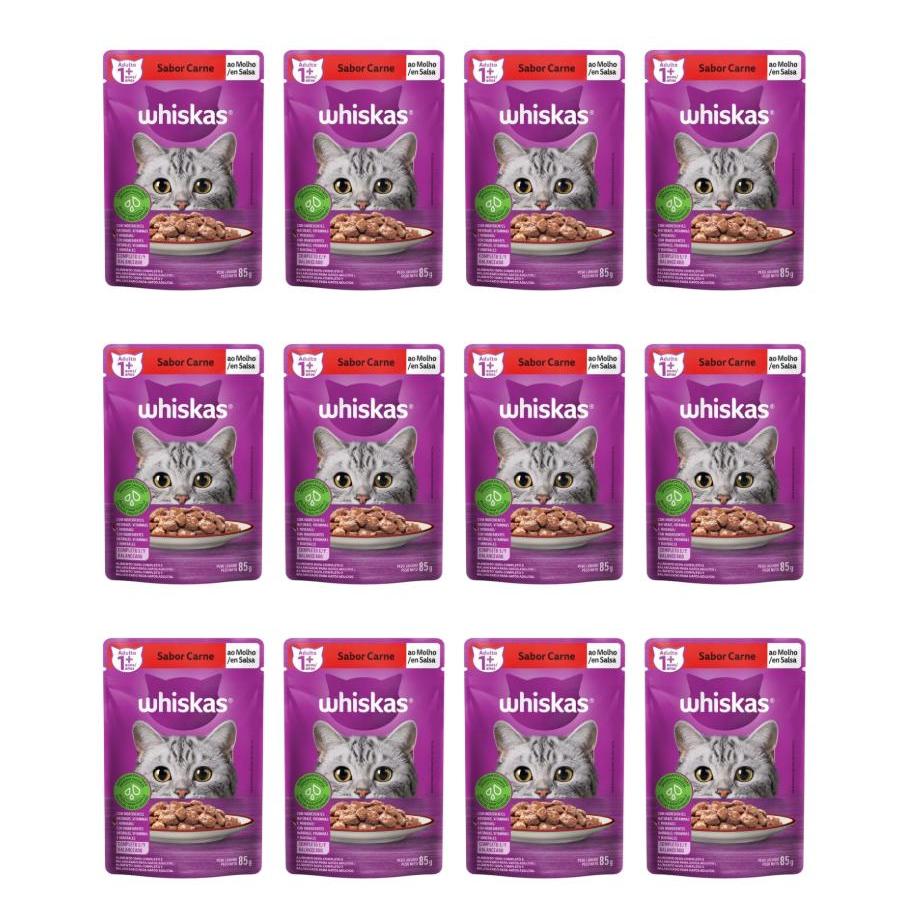 Kit 12 Sachês Úmidos Whiskas para Gatos Carne Ao Molho 85G