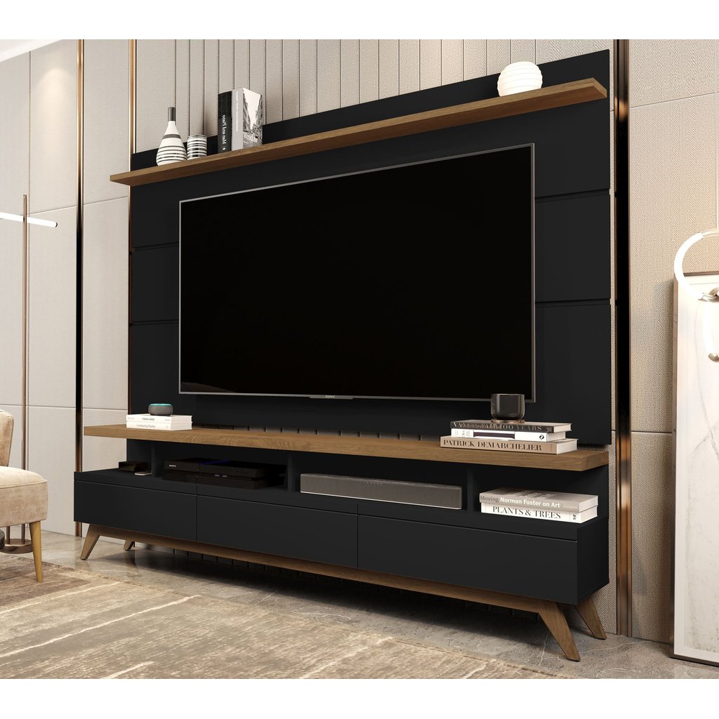 Rack com Painel para TV até 72 Polegadas MDF 180cmx195cm Pés em Madeira Maciça Vivare Preto/Freijó