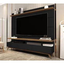 Rack com Painel para TV até 72 Polegadas MDF 180cmx195cm Pés em Madeira Maciça Vivare Preto/Freijó