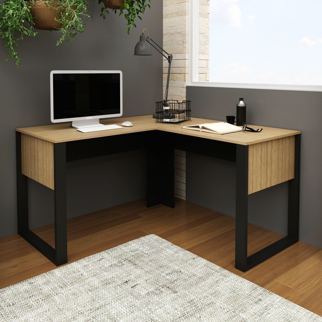 Escrivaninha Mesa Escritório em L ME4181 136CMX136CM 136cm Amêndoa e Preto Marrom