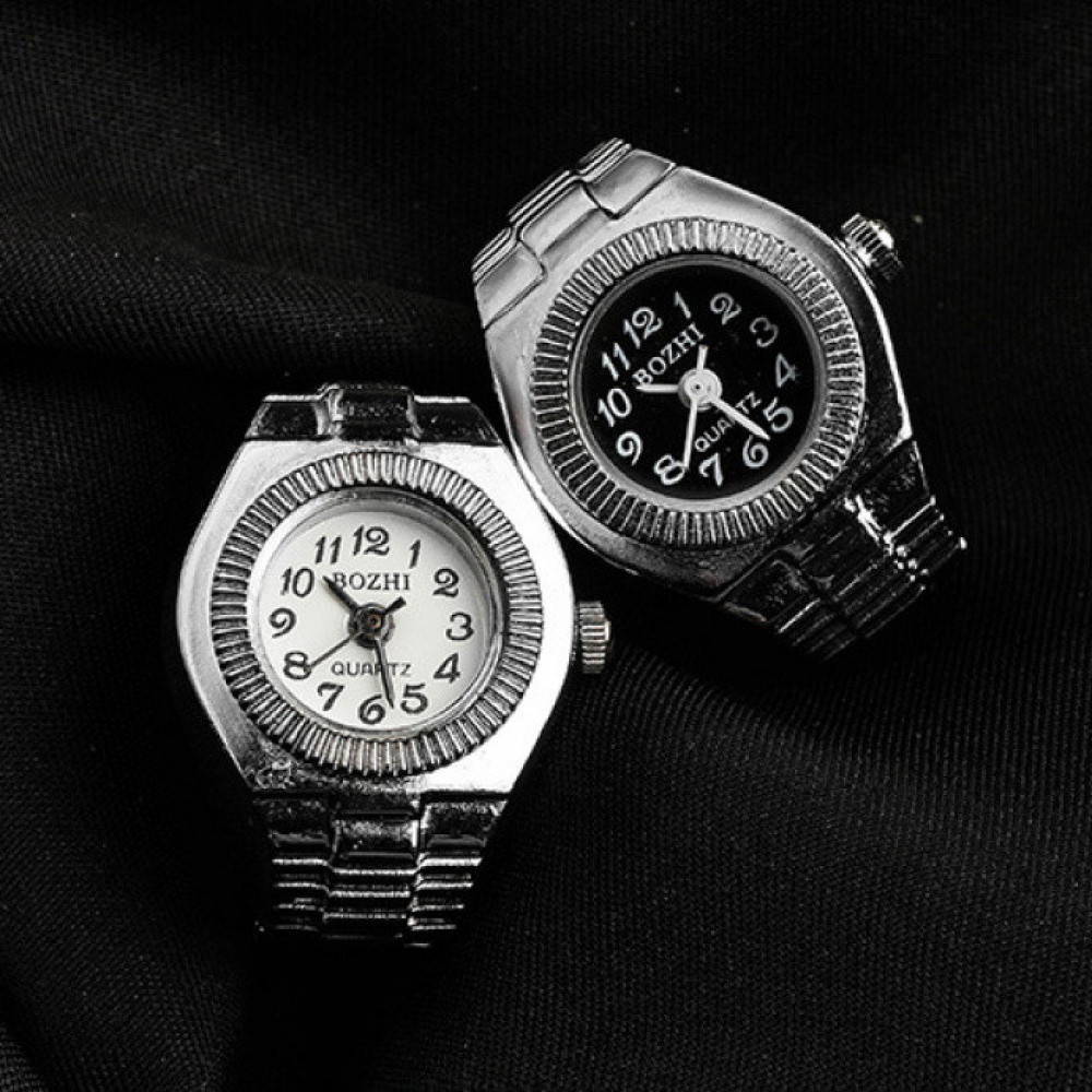 Estilo coreano na moda único preto branco redondo Dial ponteiro elástico banda de aço relógio anel acessórios moda mascu