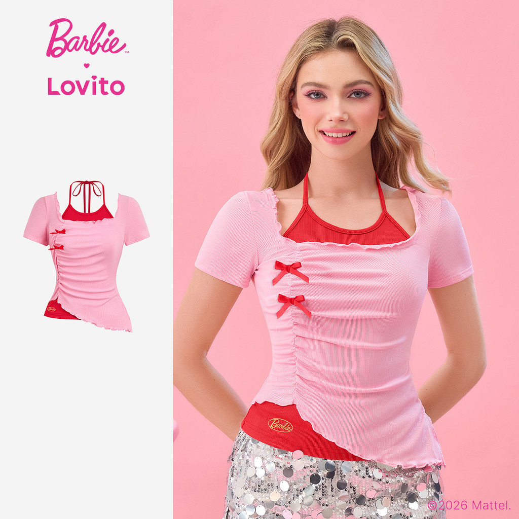 Barbie™ X Lovito Casual Camiseta Fake 2-em-1 Colorblock Primavera/Verão para Mul