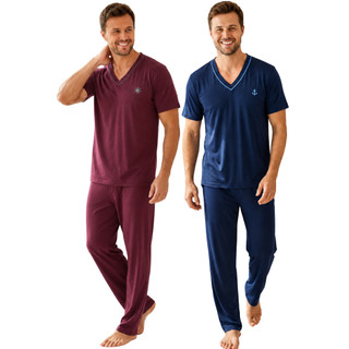 Kit 2 Pijama Masculino Meia Estação Manga Longa e Calça Comprida Dia a Dia
