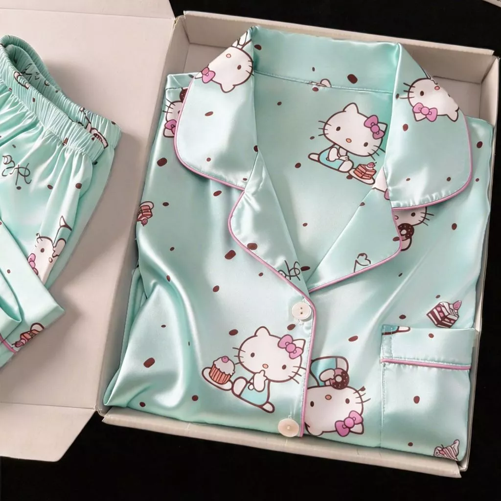 Conjunto De Duas Peças De Pijamas De Seda Gelada HelloKitty Doce E Fofo Para Mulheres , Roupas De Verão De Manga Curta C — imagem 1