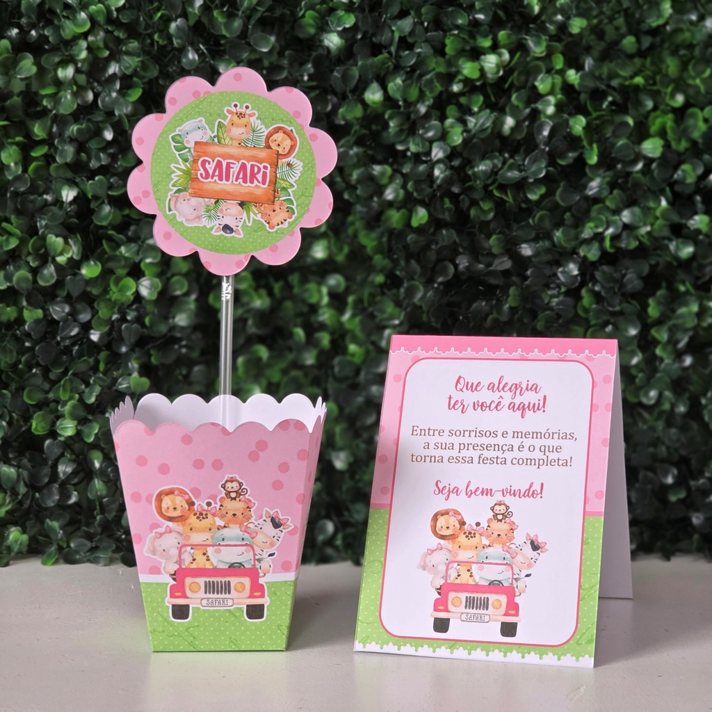 Centros de mesa + Plaquinhas SAFARI ROSA MENINA para festa infantis lembrancinha de aniversario decoração personalizados