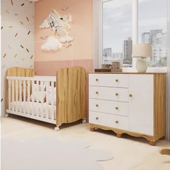 Quarto de Bebê Berço Americano e Cômoda 1 Porta 100% MDF Mimo Espresso Móveis Branco Brilho/Amêndoa Branco