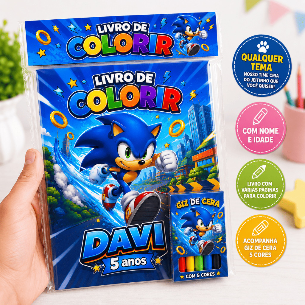 Livro de Colorir Personalizado com Nome + Mini Giz | Lembrancinha Festa Infantil Aniversário Vários Temas Menino Menina