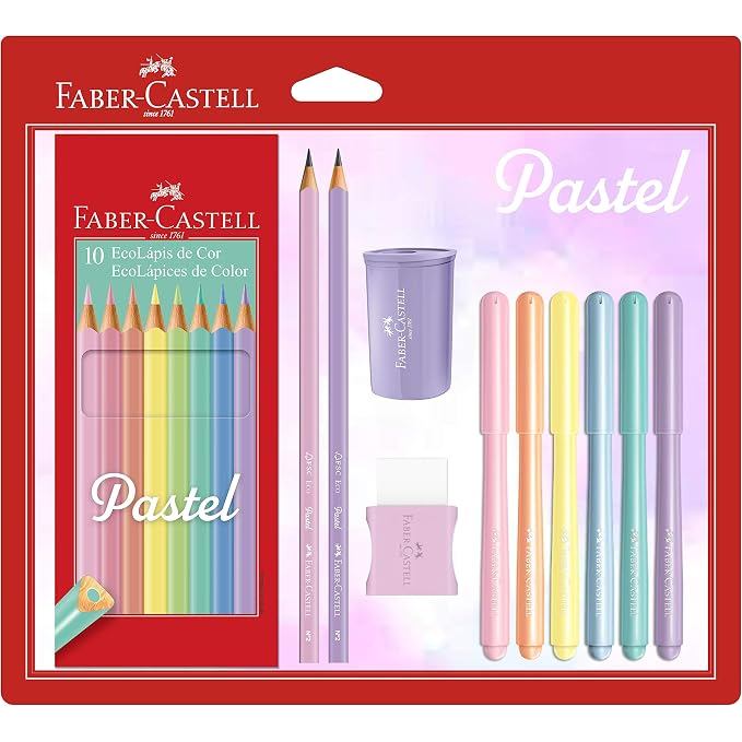 Kit Tons Pastel Faber-Castell 20 Itens Papelaria Fofa | Kit Papelaria Básica Tom Pastel