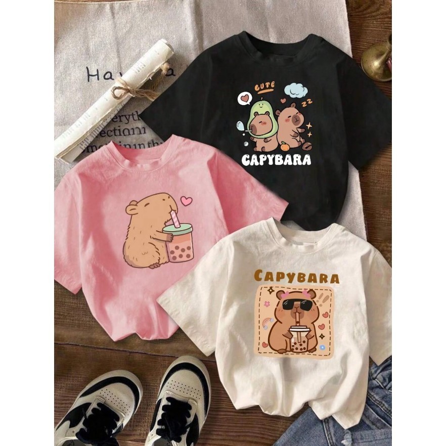 Kit 3 Camiseta Infantil Menina Capybara Blusinhas Estampadas Tshirt Básica Minimalista Varias Cores Baratinho