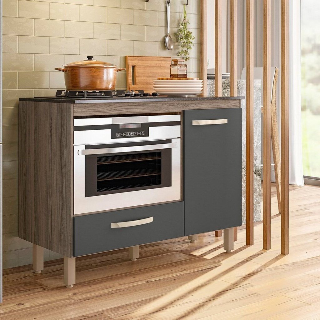 Balcão para Cooktop 1 Porta 1 Gaveta Fit Cinza/Carvalho Nature/Chumbo Carvalho N