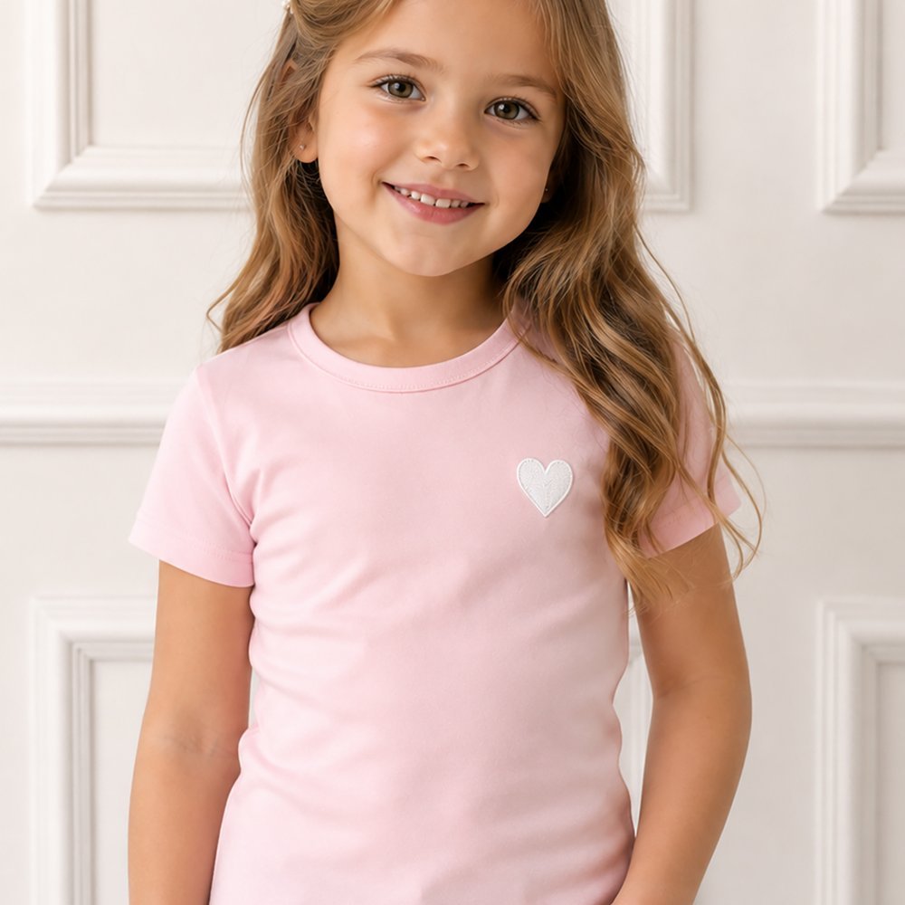 Blusa Infantil Manga Curta Cotton Fio Penteado Rosa com Coração Bordado