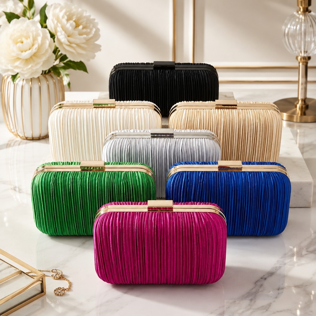 Bolsa Clutch Feminina Festa Luxo Plissada com Brilho, Carteira de Mão com Corrente para Casamento Formatura Madrinha