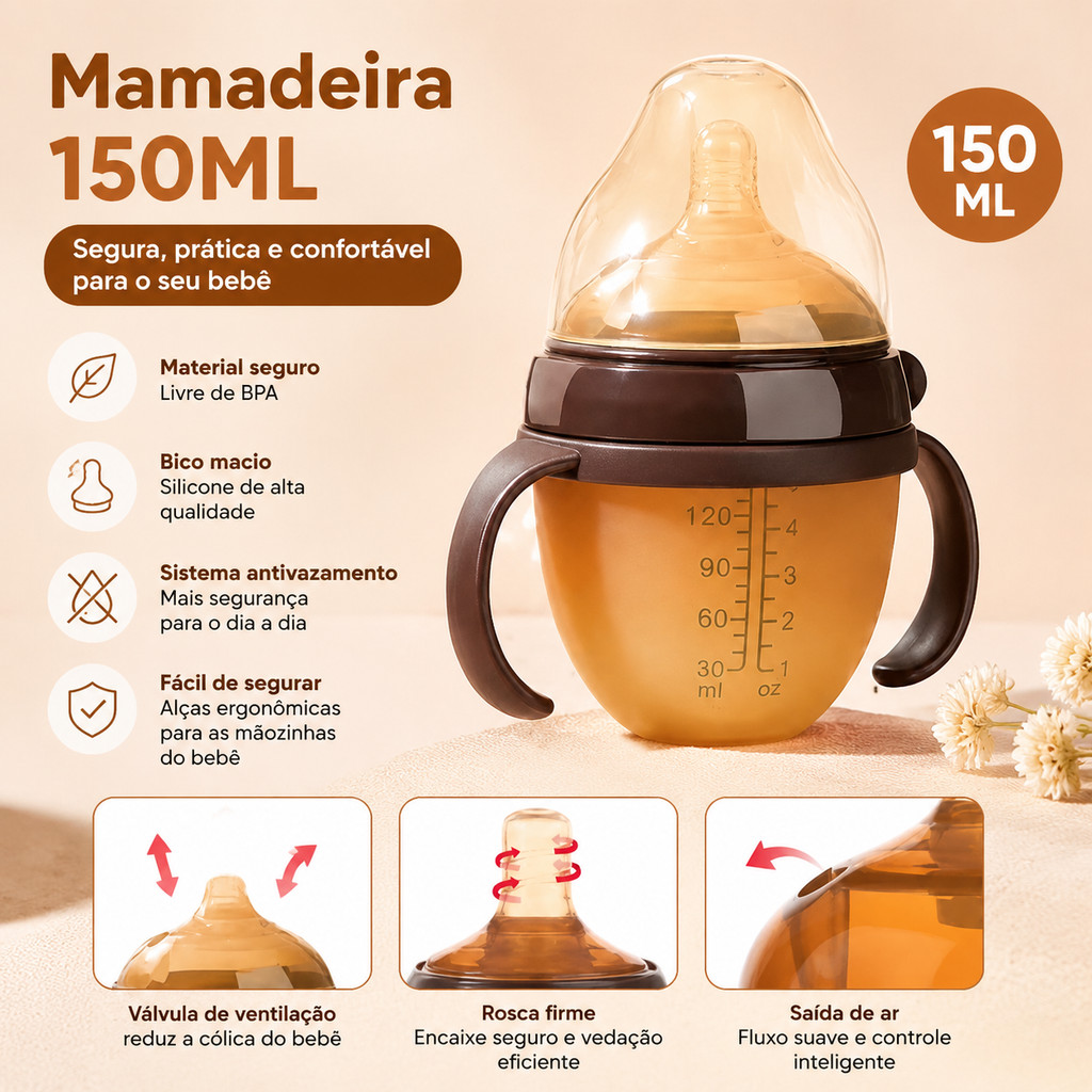Mamadeira Anti-cólica 150ml | Silicone Grau Alimentício + Resistente a -20°C~120°C | 0-36 Meses