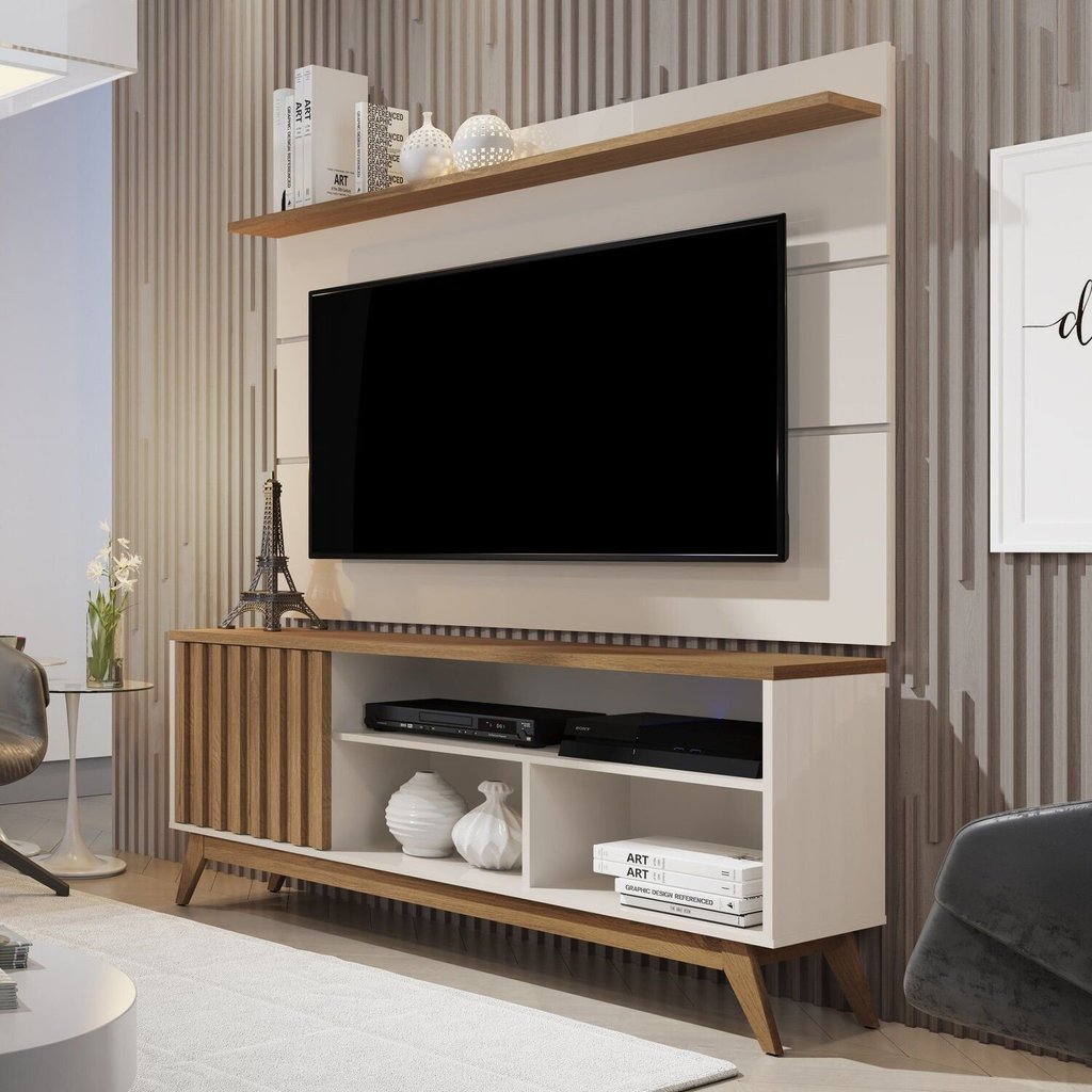 Rack com Painel Ripado Retrô para TV até 60 Polegadas MDF 136CMX133CM Pés em Madeira Maciça Off White Freijó Malbec