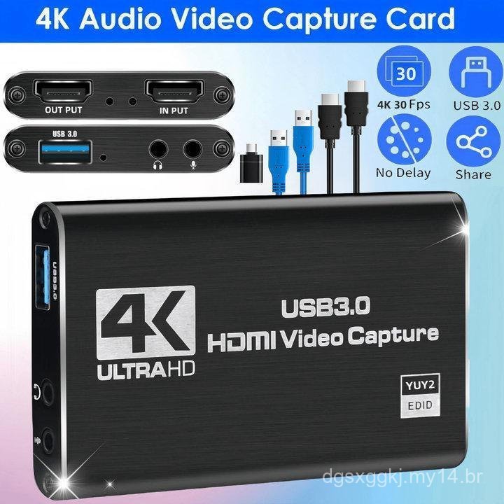 Placa de Captura de Vídeo, Placa de Captura para Jogos 4K 1080P 60FPS, HDMI para USB 3.0, Placa de Captura de Áudio e Ví