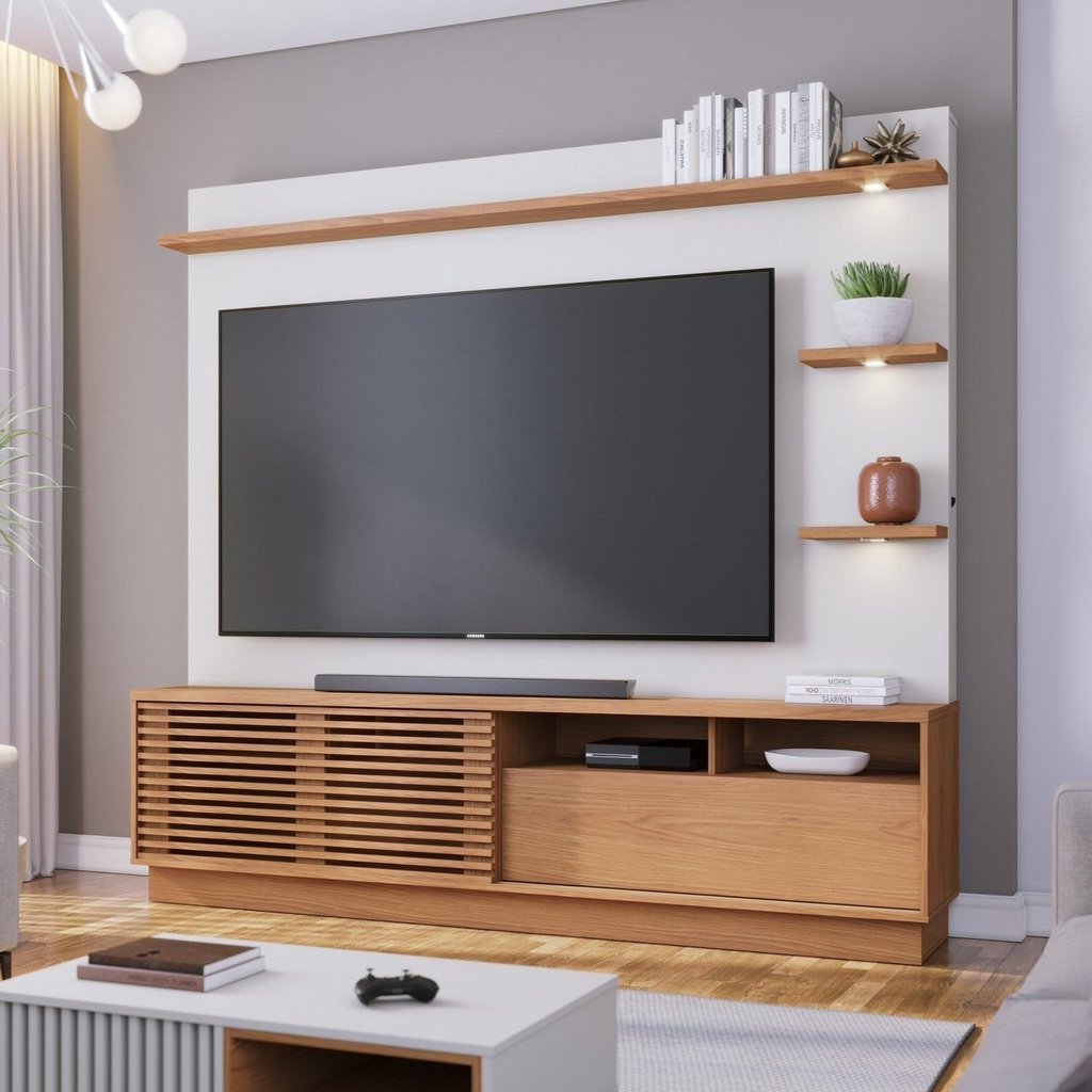 Estante para TV e Home Theater até 70 Polegadas com LED 200CMX188CM LED 1 Porta Campeche Branco Freijó/Off White Matte