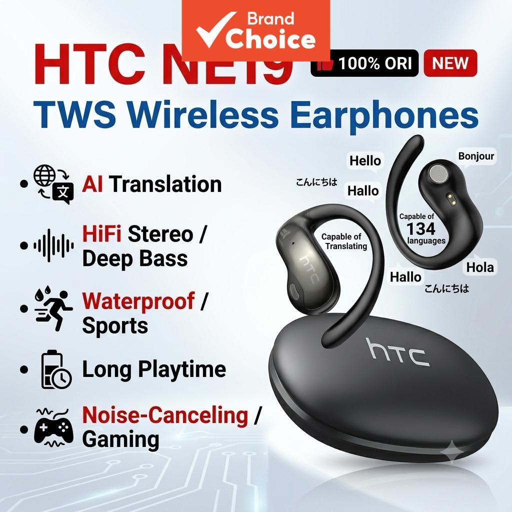 Fones de ouvido HTC NE19, TWS, tradução AI, HiFi estéreo, à prova d’água, fones de alta qualidade para smartphones,