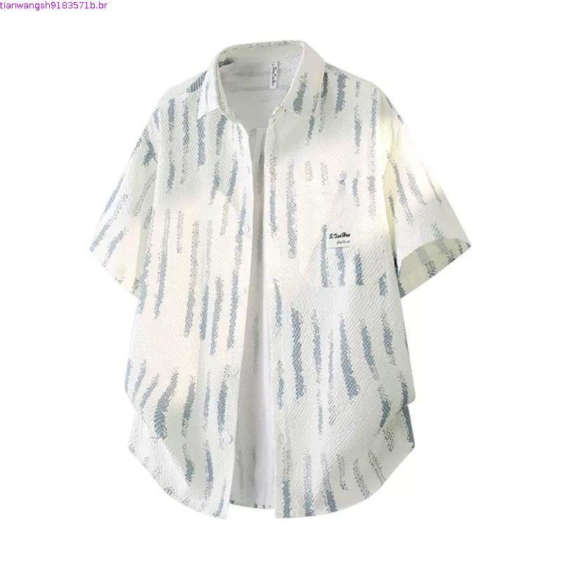 Seersucker csa masculina de manga curta verão novo estilo texturizado Casual impresso csa masculina na moda solta