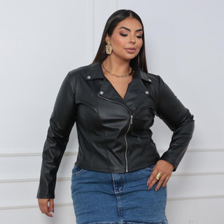 JAQUETA DE COURO PLUS SIZE MODA FEMININA JAQUETA DE COURO SINTETICO OU COURO FAKE, CASACO CORINO ELEGANTE COM ZIPER