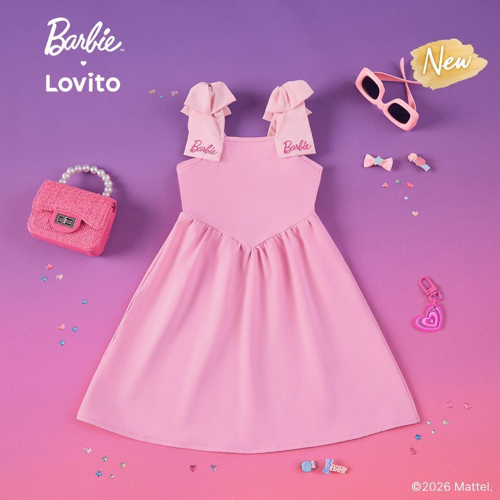 (New Arrival) Barbie™ X Lovito Kids Vestido Rosa Menina Flare até Joelho Bordado