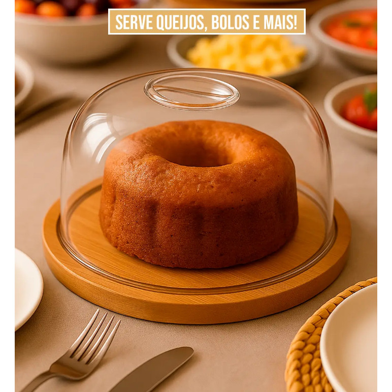 Boleira de Bambu Elegante com Tampa Bandeja Porta Bolo Torta Pudim Doces Pães Queijo 20cm