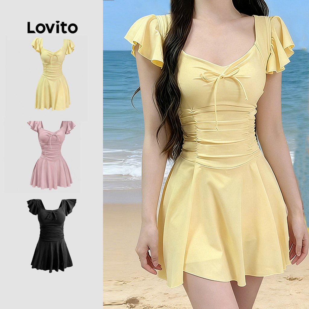 Lovito Maiô Casual de Uma Peça Plissado Requintado Amarelo de Primavera/verão p