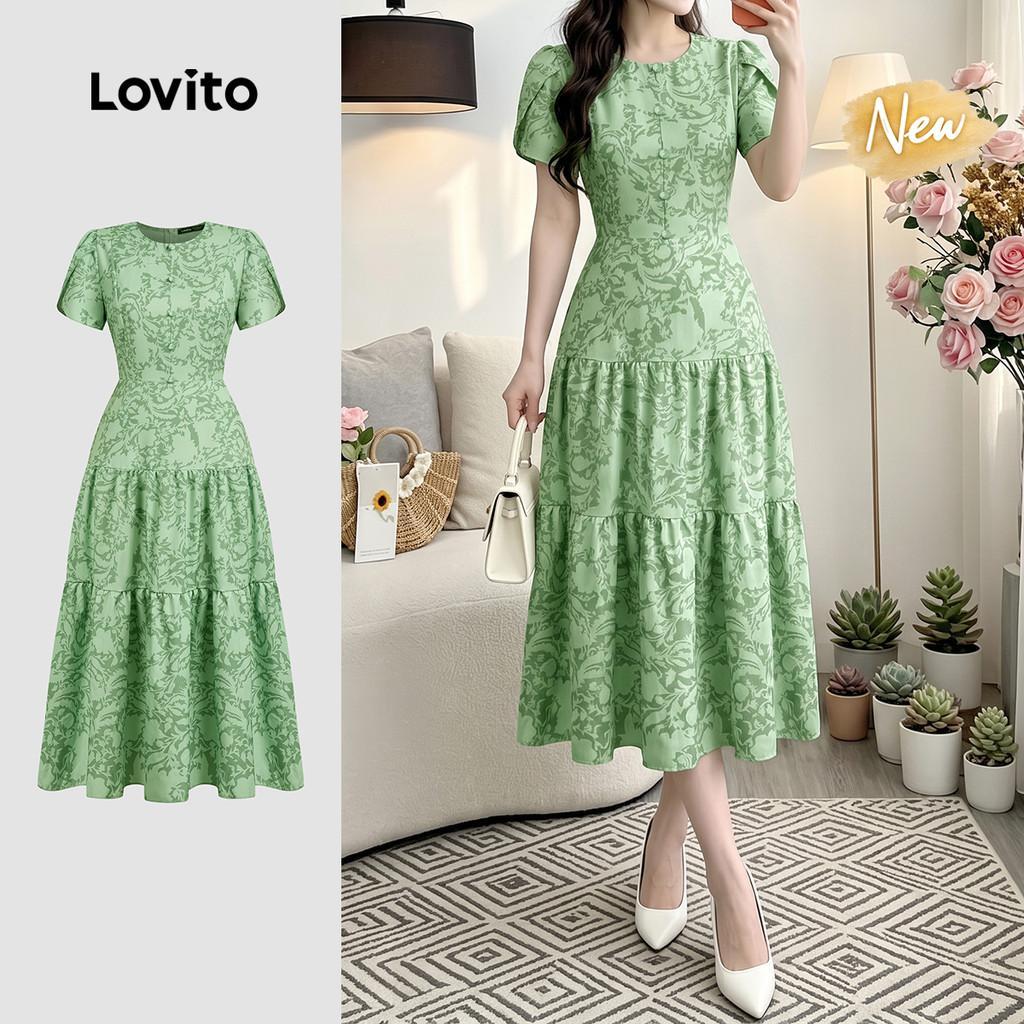 (New Arrival) Lovito Vestido Elegante Plissado Primavera/verão Verde para Mulher