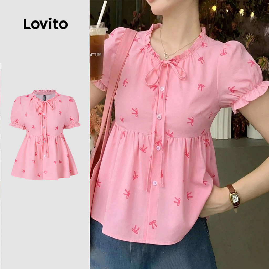 (New Arrival) Lovito Blusa Casual Babado Rosa de Primavera/verão Blusa feminina L195EDD167