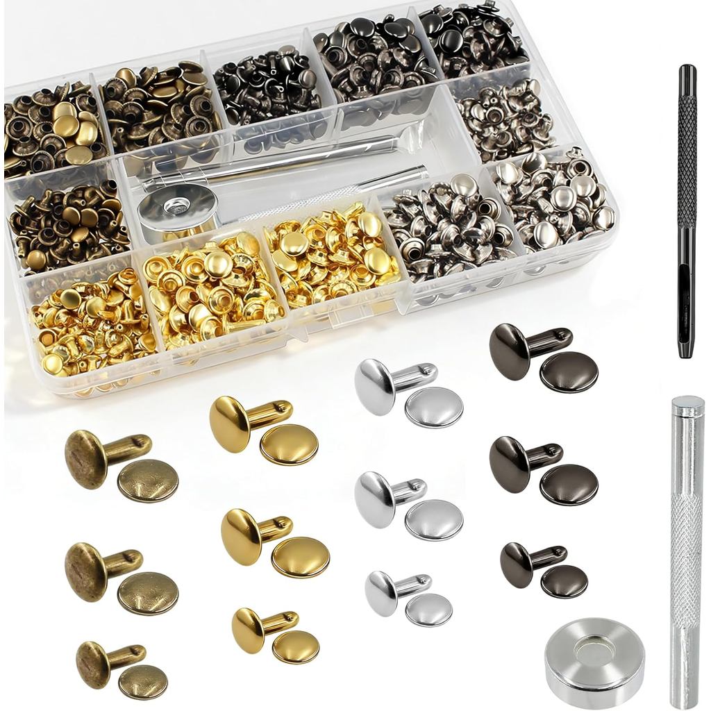 SHRJ 480 Conjuntos de Rebites de Couro Tubulares de Dupla Face, 4 Cores, 3 Tamanhos, Pequenos Pregos de Metal com Ferram