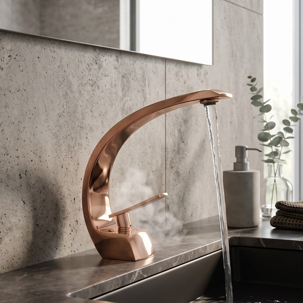 Torneira Banheiro Monocomando Cascata Curva Rosê Gold Luxo