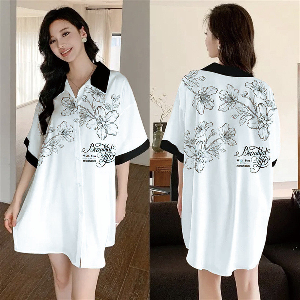 Tamanho grande pronto estoque respirável camisola senhoras verão gelo seda puro desejo Cardigan pijamas vestido serviço 