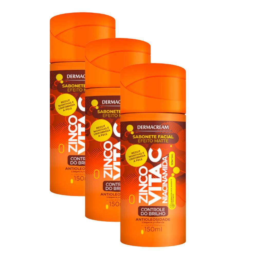 Kit 3 Sabonete Facial Efeito Matte Dermacream Zinco + Vita C Niacinamida Antioleosidade 150ml