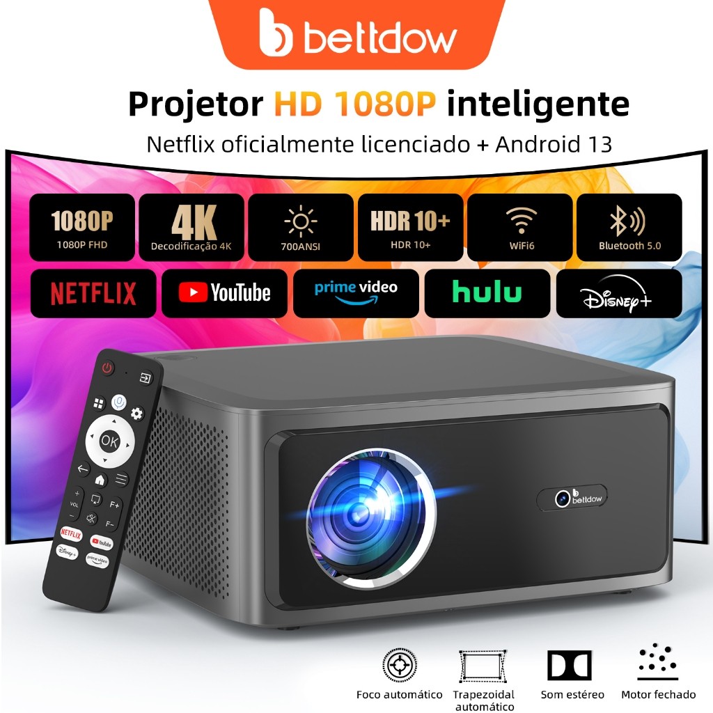 Projetor Netflix BETTDOW 1080P 4K Full HD 700ANSI com tela grande de 300 polegadas HDR10+ Bluetooth 5.0