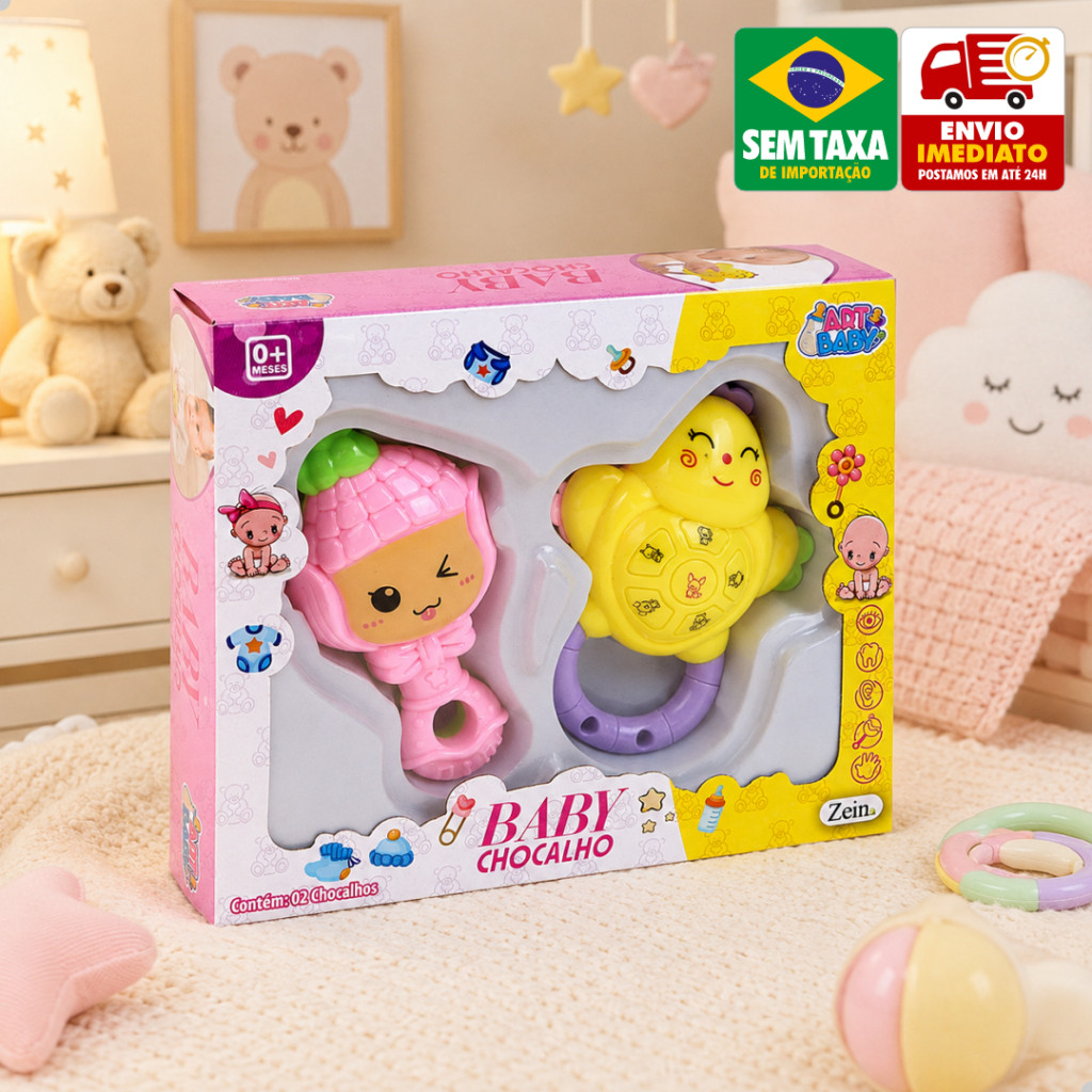 Kit com 2 Chocalhos Bebê Coloridos Mordedor Sensorial Educativo 8,1x10,8cm Infantil 0+ Meses