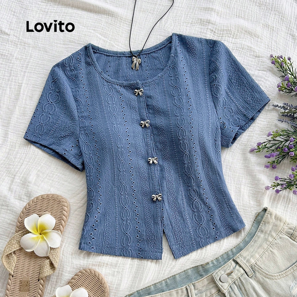 (New Arrival) Lovito Camiseta Casual Jacquard com Laço em Azul Primavera/Verão T