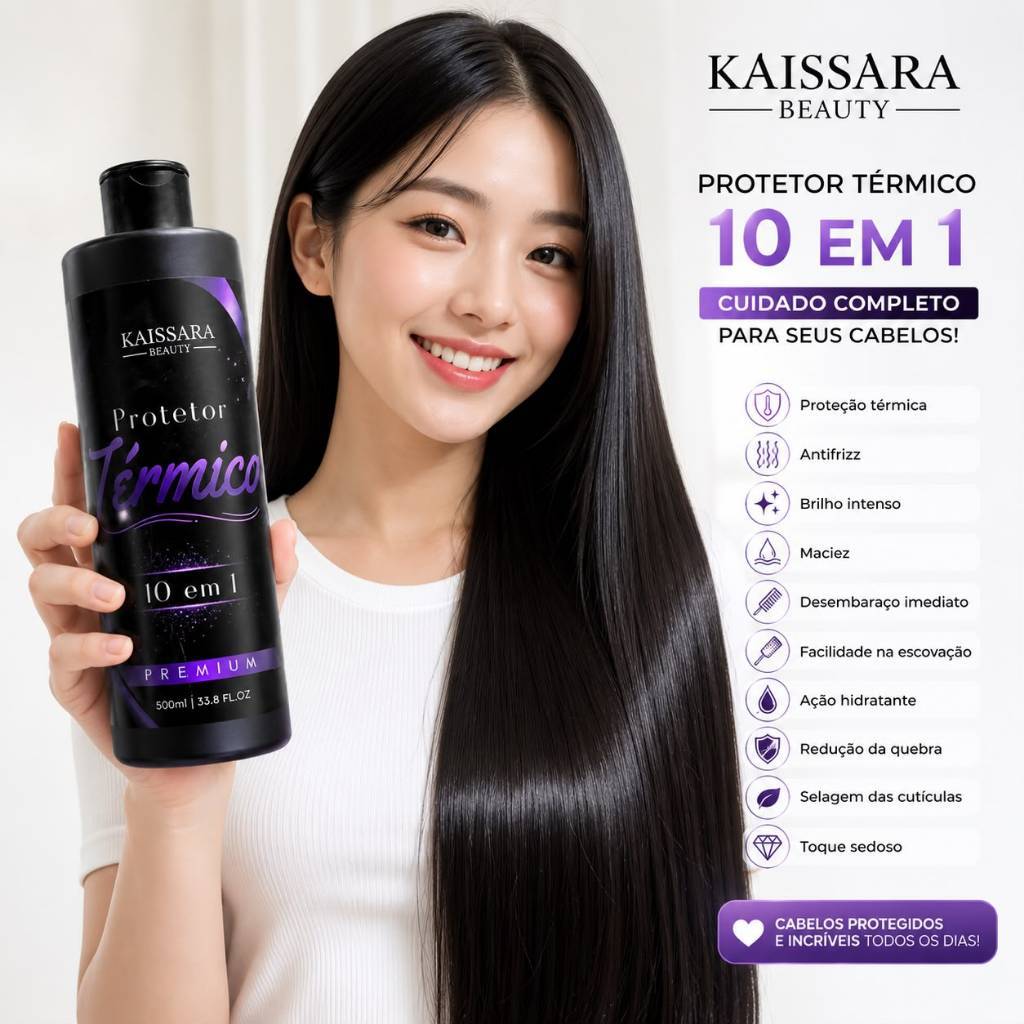 Protetor Térmico Premium KAISSARA BEAUTY 500ml 10 em 1 Capilar Finalizador Cabelo Liso Extremo
